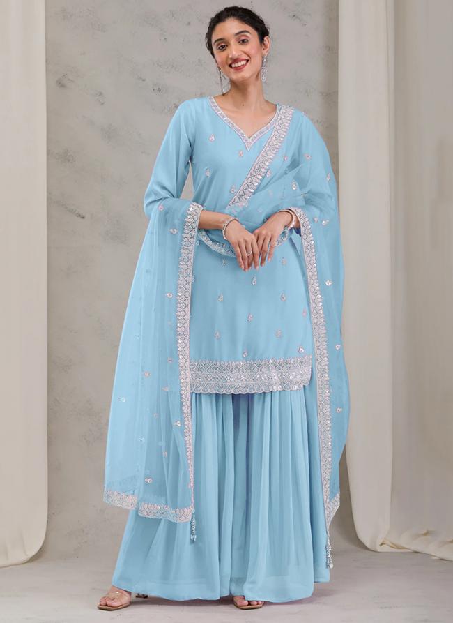 Georgette Sky Blue Festival Wear Embroidery Work Readymade Sharara Suit